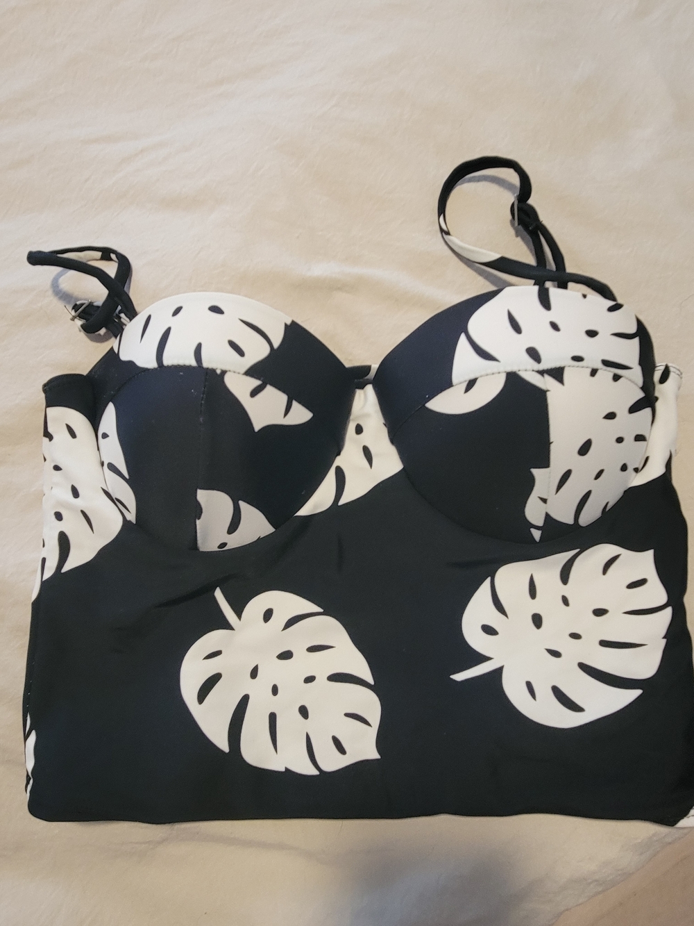 Black & White Leaf Print Longline Bikini Top